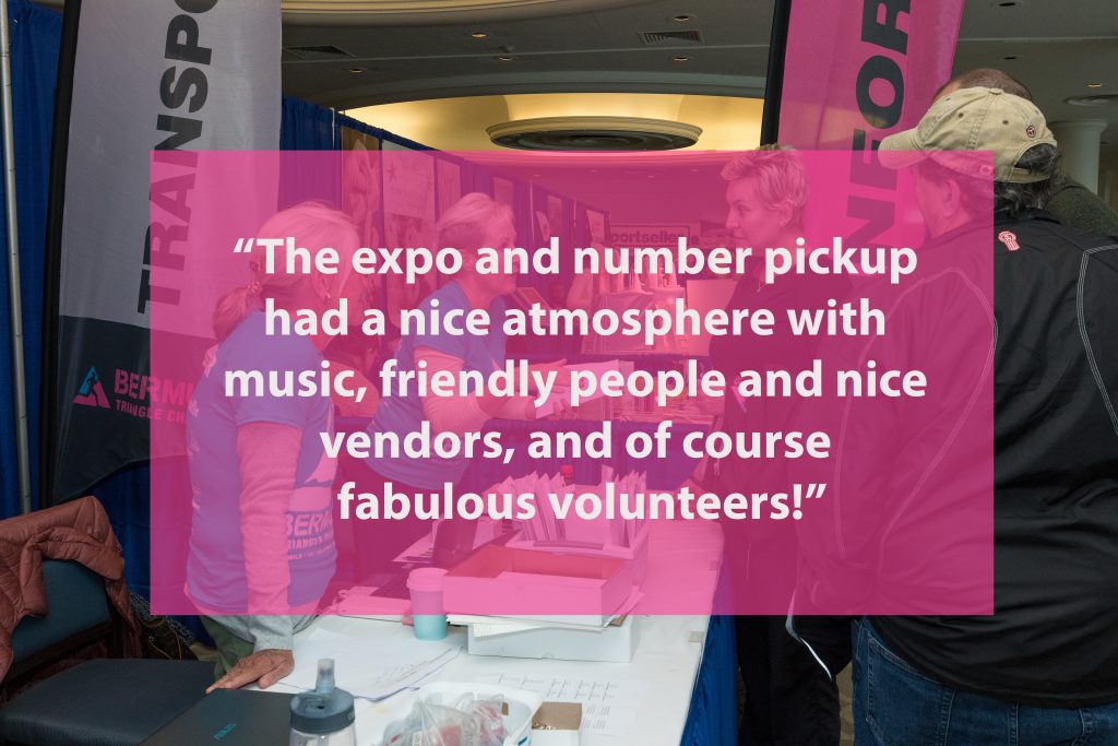 A testimony says "The expo and number pickup had a nice atmosphere with music, friendly people and nice vendors, and of course fabulous volunteers!"